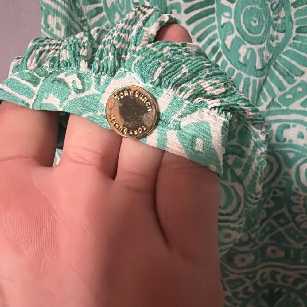 Tory Burch Green White Geometric Print Blouse Silk blend Top Gold Button Size 6